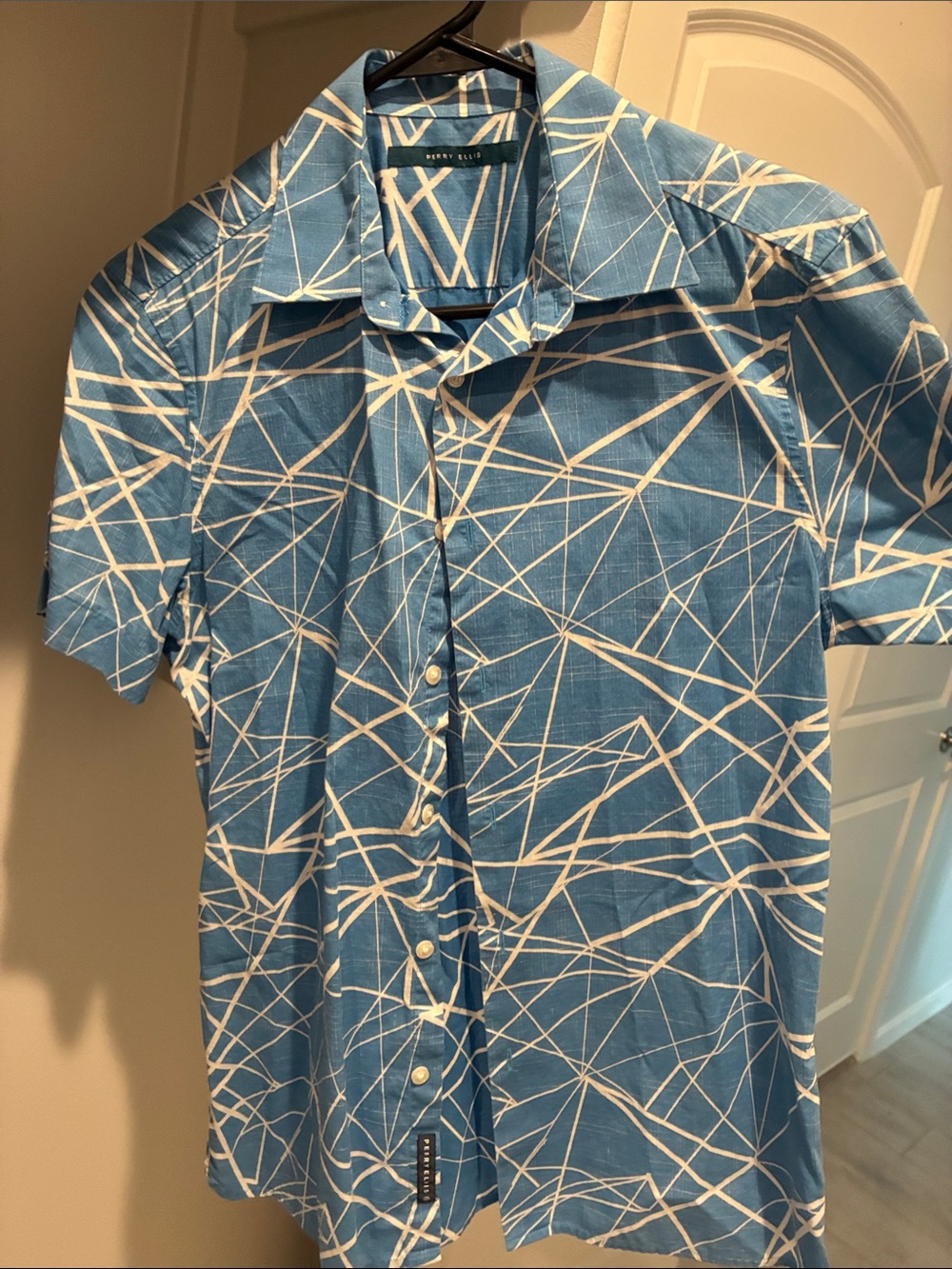 Perry Ellis Blue Short-Sleeve Button-Down with White Abstract Line Print